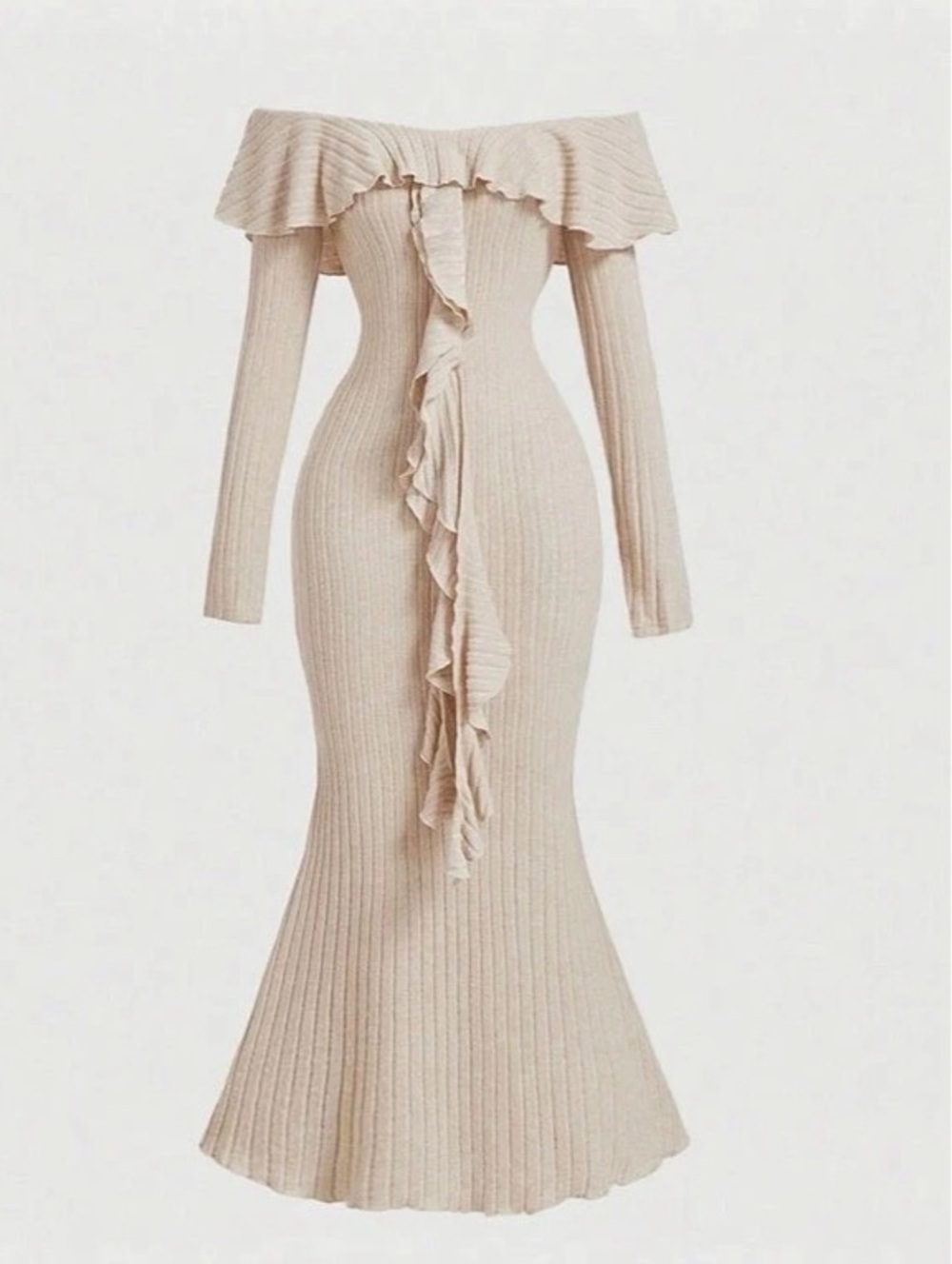 MOD Off-Shoulder Fitted Long Sleeve Dress Off-Shoulder Maxi Dress in Cream